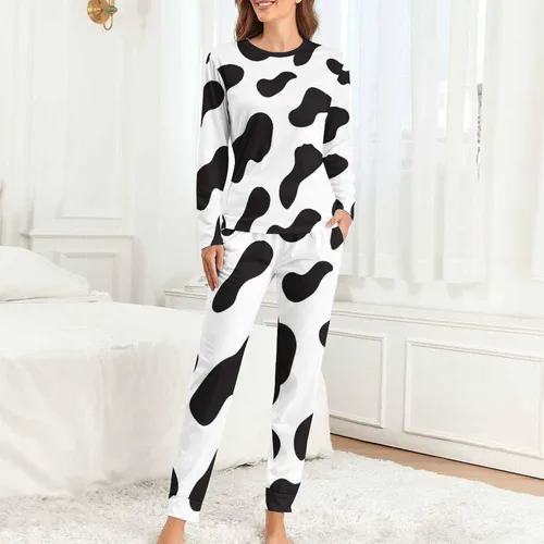 Vista 5 de Conjunto de pijama de dos piezas para mujer, estampado de vaca, color blanco y negro, 2XL