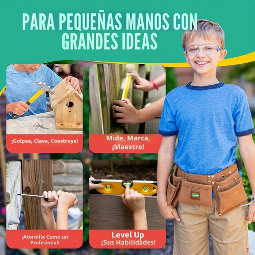 Vista 5 de SparkJump Juego de herramientas de lujo para niños, herramientas reales con cinturón de herramientas de cuero y caja de herramientas, kit de Marrón