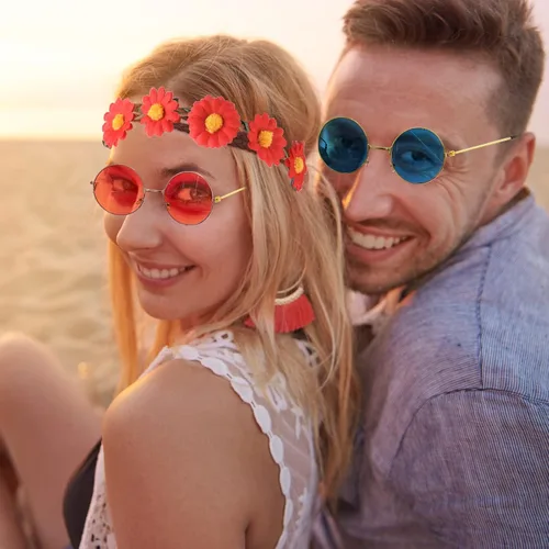 Vista 6 de CHRORINE Juego de 48 accesorios de disfraz hippie para mujeres y hombres incluye diadema hippie suministros de fiesta para decoraciones de fiesta
