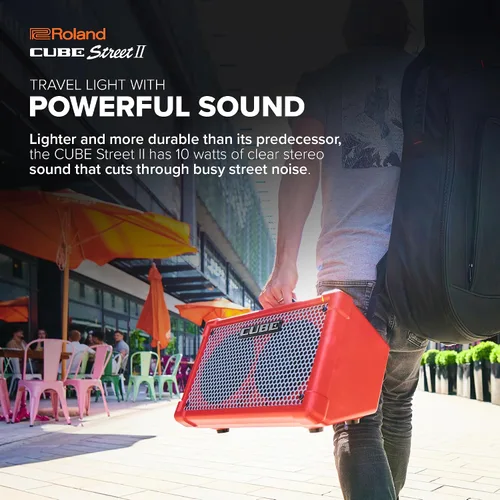 Vista 3 de Roland Cube Street II Amplificador estéreo portátil alimentado por batería Ideal para artistas callejeros Soporta micrófonos, instrumentos
