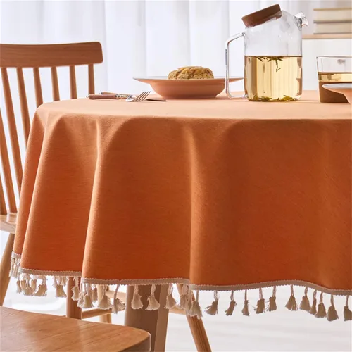 Vista 5 de Dimatic Mantel redondo con textura de lino con ribete de encaje, impermeable, a prueba de derrames, para decoración de mesa de cocina, comedor, Beige