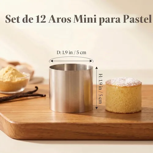 Vista 2 de 12 mini anillos redondos para tartas de 2 pulgadas, molde de flan de postre de mousse de acero inoxidable, pequeños aros de pastelería de grado