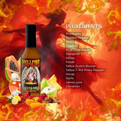 Vista 6 de Salsa picante Hellfire Devil's Gold, galardonada con múltiples premios, salsa picante gourmet a base de frutas, cuenta con pimientos amarillos súper