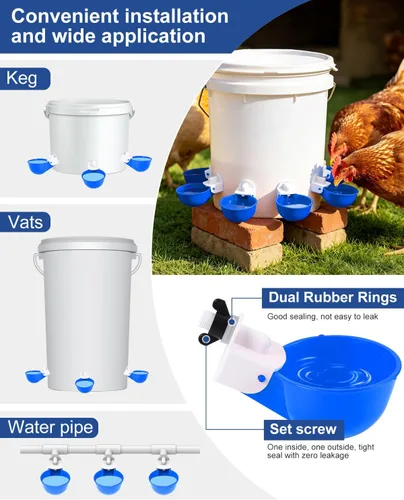 Vista 4 de Vasos para beber pollo (paquete de 8) con broca de 3/8 pulgadas, color azul Automatic Poultry Drinker Feeder Kit for Chickens, Ducks, Turkeys