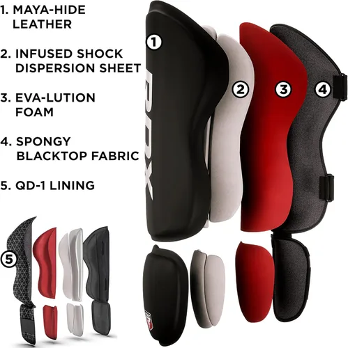 Vista 5 de RDX Guantes de boxeo de 14 onzas y espinilleras de kickboxing (tamaño grande), guantes de piel maya de alta calidad para adultos, con almohadillas
