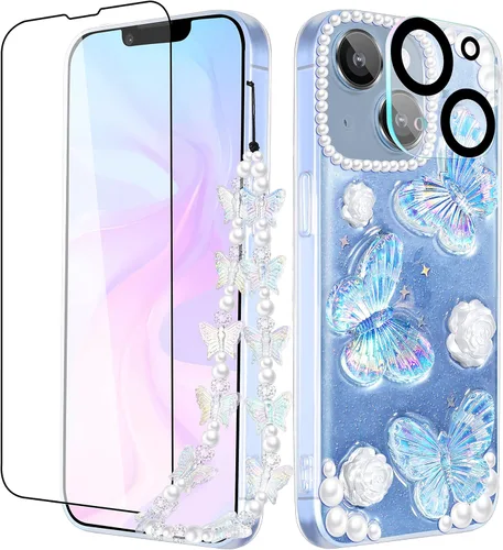 Vista 8 de Funda 3 en 1 para iPhone SE/7/8: diseño de mariposa 3D, purpurina, brillante, cristal, estilo lindo femenino, cadena y protector de pantalla