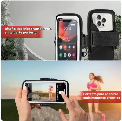 Vista 4 de Soporte para teléfono para correr, caminar y entrenar, brazalete para teléfono celular con mosquetón, bolsa cruzada transparente para teléfono