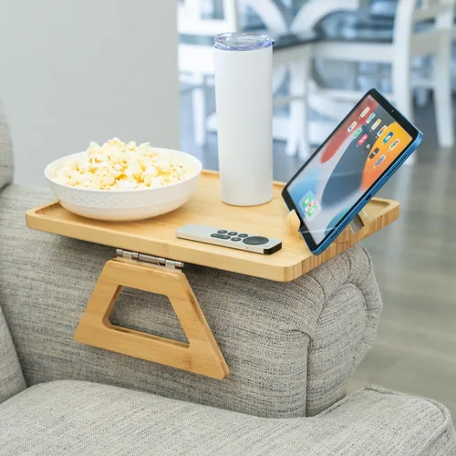 Vista 17 de Shamrock Home Mesa Bandeja de Bambú para Brazo de Sofá, Mesa Bandeja con Clip para Sofás. Bandeja de Brazo de Sofá para Cenas de TV, Controles