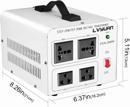 Vista 4 de LVYUAN - Transformador de voltaje de 2500 W elevador y descendente de 110/120 V a 220/240 V 4 multi-socket(2US+2Universal), resettable MCB