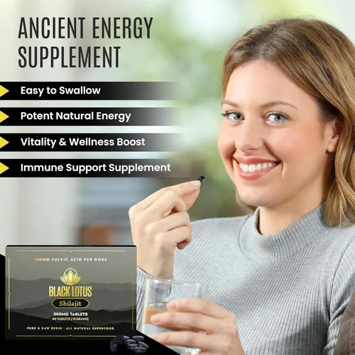 Vista 4 de Black Lotus Shilajit Tabletas de resina, 60 unidades, 200 mg cada uno, 100% Shilajit natural puro para hombres y mujeres con aminoácidos, 140 mg