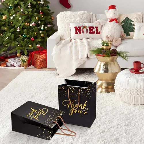 Vista 7 de PAICUIKE 20 bolsas de regalo negras y doradas con asas, tamaño mediano, bolsas de agradecimiento a granel para bodas, fiestas y pequeñas empresas