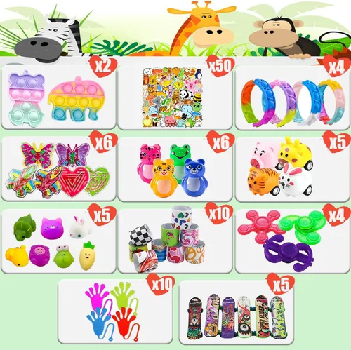 Vista 2 de Dilycery 107 juguetes de recuerdo de fiesta, juguetes de caja del tesoro para el aula, juguetes Pop Fidget Toys Cofre del tesoro para niños premios