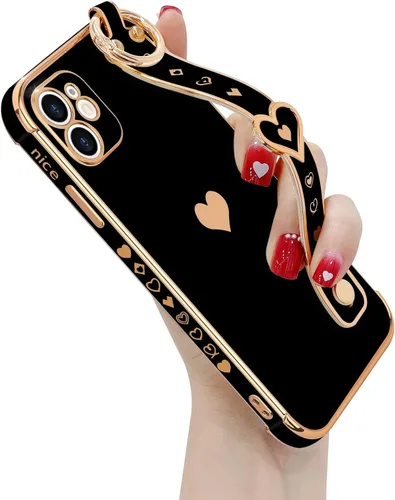 Vista 7 de LLZ.COQUE Funda para iPhone 11 con correa chapada en corazón, para mujeres y niñas, protección de lente de cámara de silicona suave, a prueba