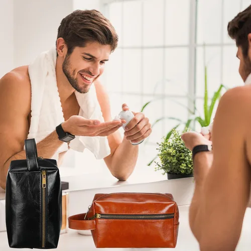 Vista 5 de Hillban 10 piezas de regalo de padrinos de boda bolsa de aseo de cuero para hombre, kit de afeitado de viaje, bolsa de baño, maquillaje, suministros