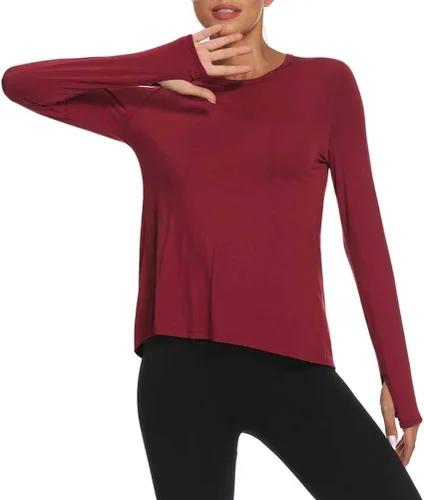 Vista 6 de Mippo Camisas de entrenamiento de manga larga para mujer, camisetas de yoga con espalda abierta, para correr, ropa atlética Rojo vino