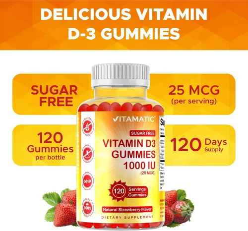 Vista 6 de Vitamatic Gomitas de Vitamina D3 sin Azúcar - 120 Gomitas a Base de Pectina - Gran Sabor - Huesos Saludables, Estado de Ánimo y Función del Sistema