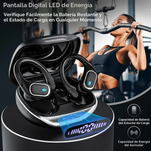 Vista 6 de Auriculares inalámbricos Bluetooth 80 horas de reproducción, IPX7, impermeables, funda de carga inalámbrica, ganchos para los oídos (negro)