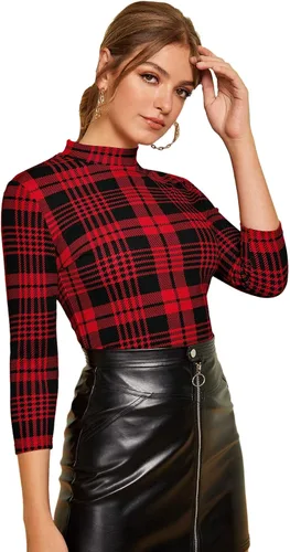 Vista 3 de Romwe Blusa casual de trabajo con cuello alto a cuadros para mujer