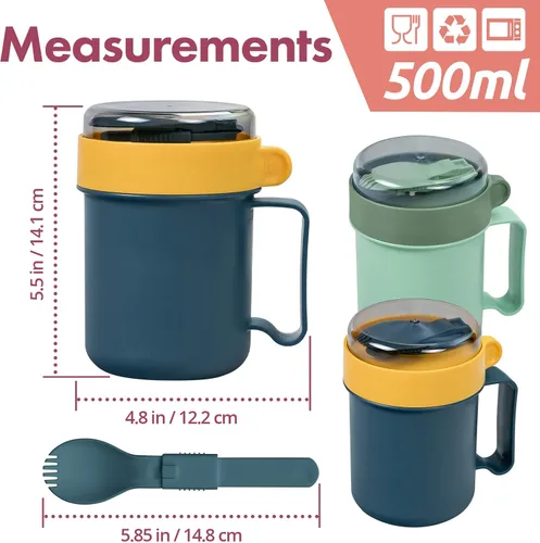 Vista 4 de Tazas de sopa para microondas con tapas, paquete de 2 tazas aptas para microondas para fideos ramen, sopa, bebidas, 17.63 onzas, verde, amarillo
