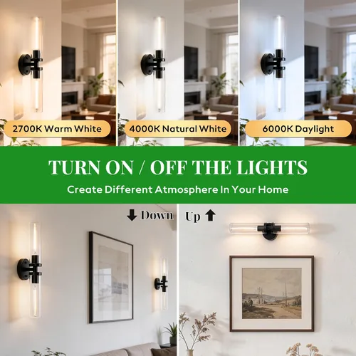 Vista 4 de Juego de 2 apliques de pared, lámparas de baño cableadas, iluminación de pared moderna para tocador de baño con pantalla de vidrio transparente