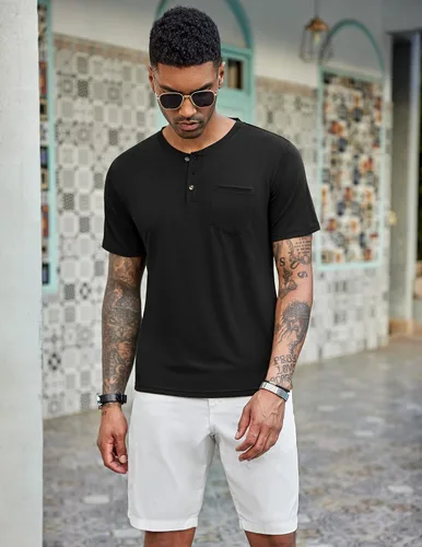 Vista 2 de COOFANDY Paquete de 3 camisetas Henley de manga corta para hombre, estilo casual, básicas, de verano, con bolsillo