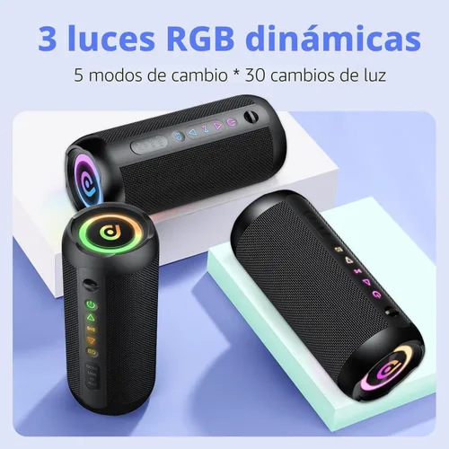 Vista 5 de Altavoz Bluetooth portátil, altavoz Bluetooth 5.4, altavoz dual de 30 W, canal 2.0, graves profundos, tiempo de reproducción de 30 horas, luces RGB