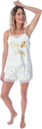Vista 2 de Disney Princess - Conjunto de pijama para mujer de Beauty and The Beast Our Story con ribete de encaje, camisola y pantalones cortos