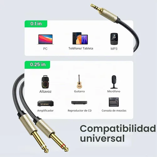 Vista 6 de Cables Ugreen: cable distribuidor en Y, enchapado en oro de 1/8 pulgadas TRS a 1/4 pulgadas TS mono para iPhone, iPod, tarjetas de sonido