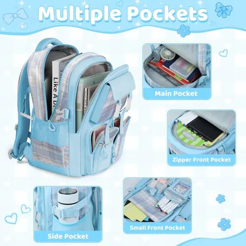 Vista 3 de Mochila escolar para niñas con lonchera, 5 unidades, linda mochila Kawaii para niños y adolescentes, mochila estética primaria, Azul, Bolsa