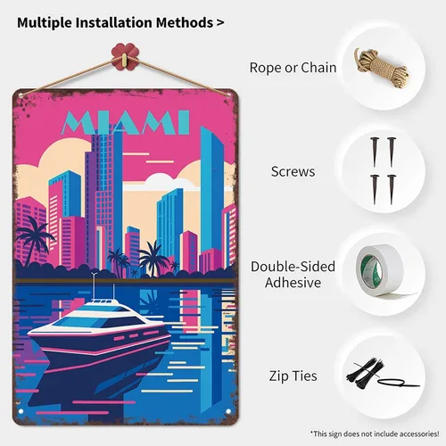 Vista 3 de Cartel de metal divertido de Miami – City Skyline, Retro, póster de los años 80 para decoración de pared para el hogar, hombre, cueva, oficina