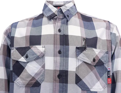 Vista 6 de BOCOMAL Men's FR Shirts 7.5oz Flame Resistant Welding Shirt NFPA2112 CAT2 Cuadros azul marino/blanco