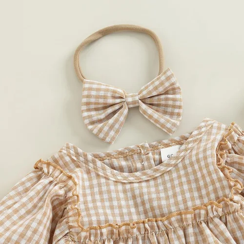 Vista 4 de Douhoow Mameluco a cuadros para bebé niña, sudadera con volantes, ropa para festivales de otoño e invierno con diadema