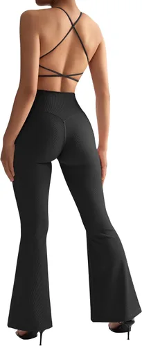 Vista 3 de SUUKSESS Leggings acampanados acanalados cruzados para mujer, pantalones de yoga con espalda en V y bolsillos