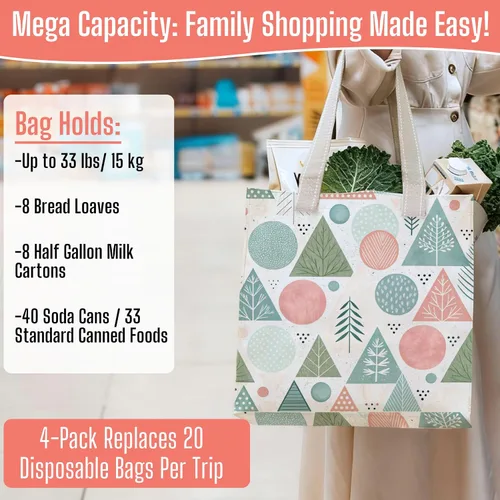 Vista 5 de VENO Paquete de 4 bolsas de comestibles reutilizables de Navidad, bolsas de compras resistentes con asas, para carrito de compras con parte inferior