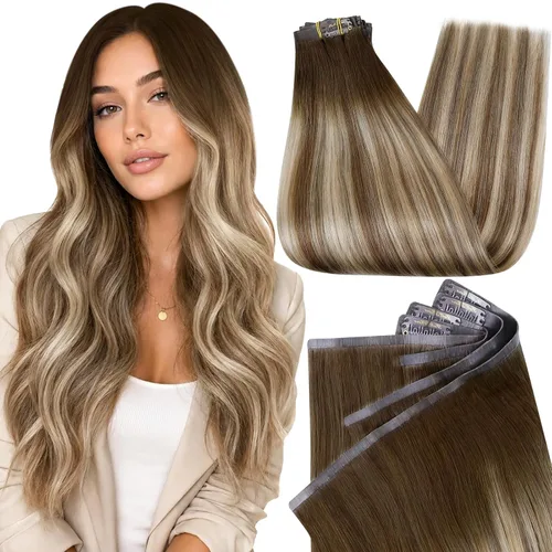Vista 36 de Full Shine Extensiones de cabello humano con clip de 12 pulgadas, extensiones de cabello con clip de castaño claro a rubio, extensiones de cabello