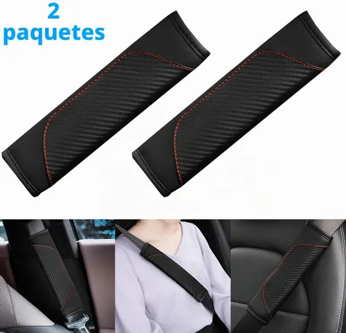 Vista 3 de AUCELI 2 fundas para cinturón de seguridad de automóvil, fundas de correa de hombro de fibra de carbono, almohadilla de arnés suave de cuero Negro