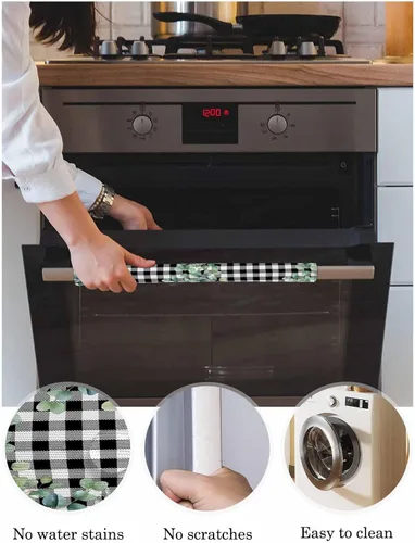 Vista 3 de Juego de 2 fundas para manijas de puerta de refrigerador a cuadros blancos y negros para lavavajillas, microondas, horno, nevera, estufa, accesorios