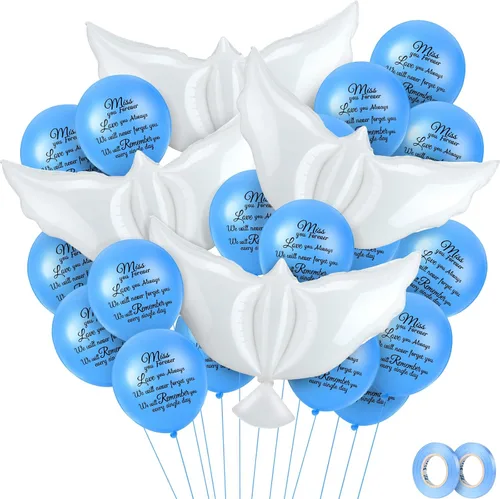Vista 17 de Skylety 36 globos conmemorativos con 4 globos de paloma de la paz para liberar en recuerdo del cielo, decoraciones de helio para funerales, Negro