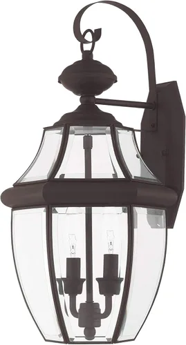 Vista 2 de Livex Lighting 2251-07 Monterey - Farol de pared de latón macizo con acabado en bronce de 2 luces para exteriores con cristal biselado transparente