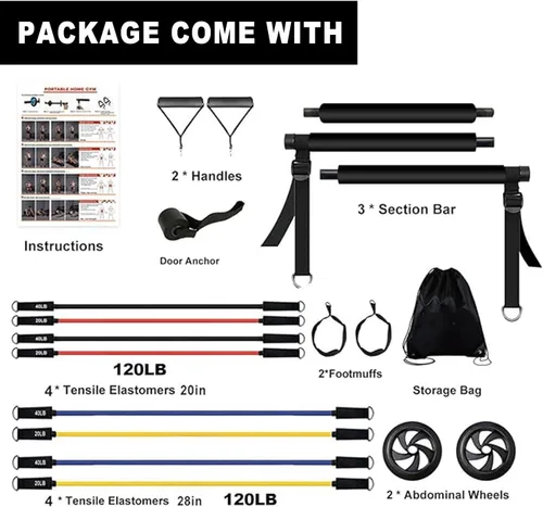 Vista 4 de Pilates bar kit Multiple Fitness bar with Resistance Bands, Ab Rollers.Core Strength Training Equipment. Squat Machine for Men and Women.Portable