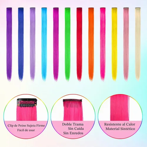 Vista 3 de Kyerivs 48 extensiones de cabello con clip de colores, regalo para niñas, extensiones de cabello arcoíris de 20 pulgadas para niñas, accesorios
