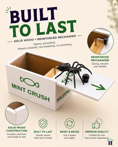 Vista 7 de Caja de broma de araña con sonido de risa espeluznante, regalo de miedo de araña en una caja, disfraz de caja de dulces de madera maciza, se adapta