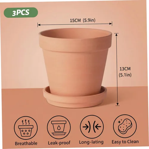 Vista 6 de Classic Ceramic Flower Pot for Herbs Small Plants 3 Set – Terracotta Pots with Drainage Hole & Saucer, 6 Inch