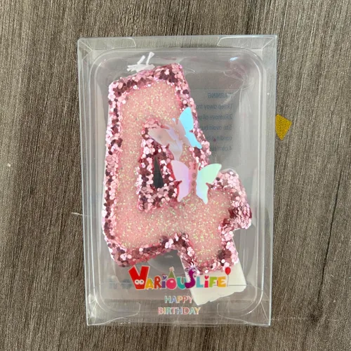 Vista 6 de Velas de cumpleaños número 4, velas de pastel de feliz cumpleaños con purpurina rosa hecha a mano rosado
