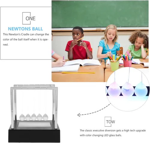 Vista 5 de SEWACC Newton's Cradle Balance - Bolas de péndulo para decoración de oficina con base negra, escritorio con luz LED, bolas cinéticas oscilantes