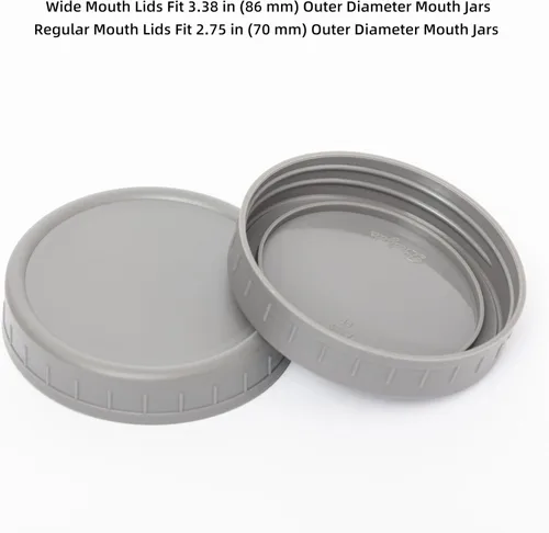 Vista 3 de Bedgeta Paquete de 14 tapas de plástico gris para tarros Mason con anillos de silicona, 7 bocas anchas y 7 tapas de conservas de boca regular