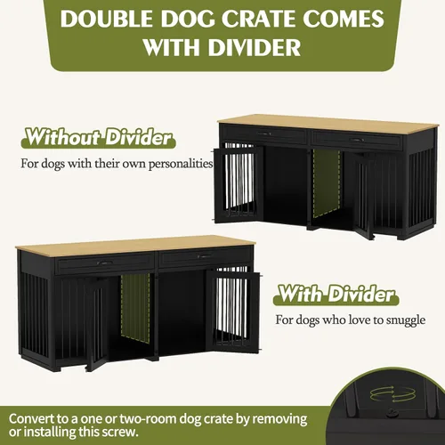 Vista 3 de Muebles grandes de jaula doble para perros de 64.6 pulgadas, muebles de madera para perreras con divisor y 2 cajones, muebles para 2 perros pequeños