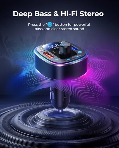 Vista 2 de LENCENT Bluetooth 5.4 Adaptador de coche Transmisor FM 54W Carga rápida Dual Mics, HiFi Bass Sound, 2 Modes LED Backlit, Cigarette Lighter Adapter