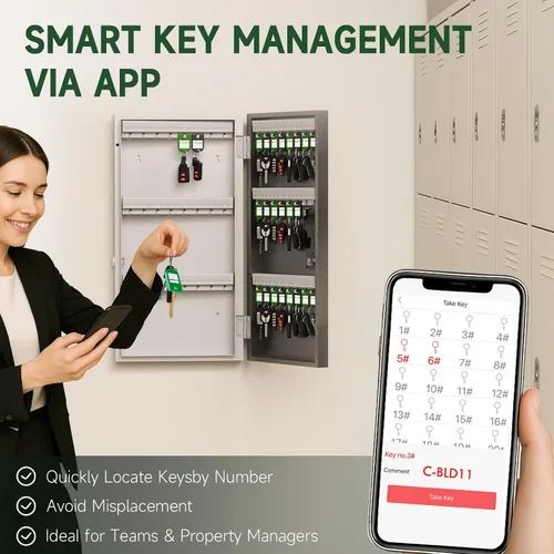 Vista 7 de WeHere Caja de bloqueo inteligente de 48 teclas para montaje en pared, gabinete de llaves comercial con aplicación, teclado, Bluetooth y desbloqueo