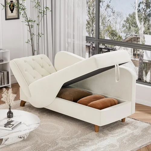 Vista 4 de Tumbona de terciopelo para interiores con almacenamiento para sala de estar Blanco beige